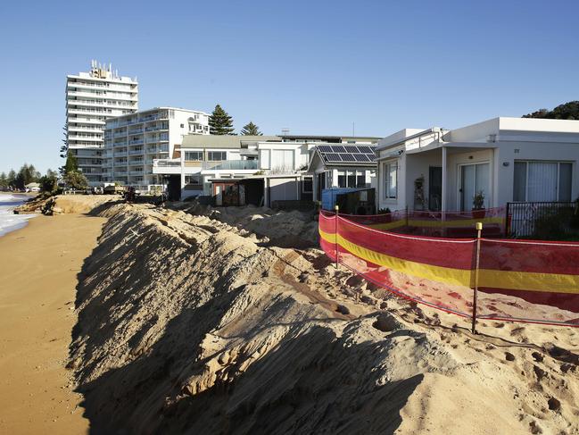 Properties on the Collaroy Beach between Stuart, and Ramsay St's now have a giant sandbag sea wall protecting properties as sewerage, and stormwater drainage are repaired. Collaroy was affected by recent coastal erosion. Picture: Braden Fastier