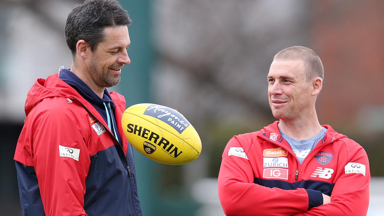 Melbourne training at Gosch's Paddock.  Melbourne coach Simon Goodwin with assistant coach Jade rawlings   . Pic: Michael Klein