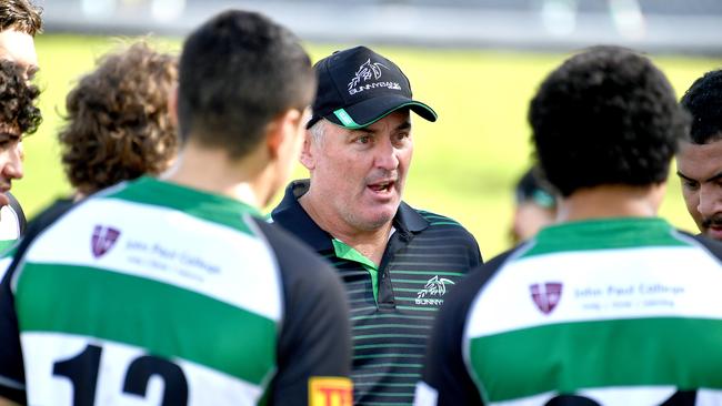 Sunnybank coach and players at half time. Colts 1 rugby union between Sunnybank and Norths. Saturday May 28, 2022. Picture, John Gass