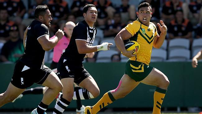 David Nofoaluma makes a break during the Junior Kangaroos 38-26 victory against the Junior Kiwis at Jubilee Oval, Kogarah .Picture Gregg Porteous.