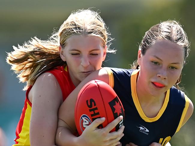 SUNSHINE COAST, AUSTRALIA - SEPTEMBER 19: Poppy Tindal of the Lions in action during the AFL U16 Girls match between the Brisbane Lions and the Gold Coast Suns on September 19, 2022 in Sunshine Coast, Australia. (Photo by Albert Perez/AFL Photos via Getty Images)