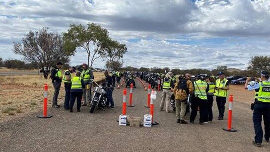 Mongol bikies being stopped at vehicle checkpoints in Alice Springs. Picture: NTPFES