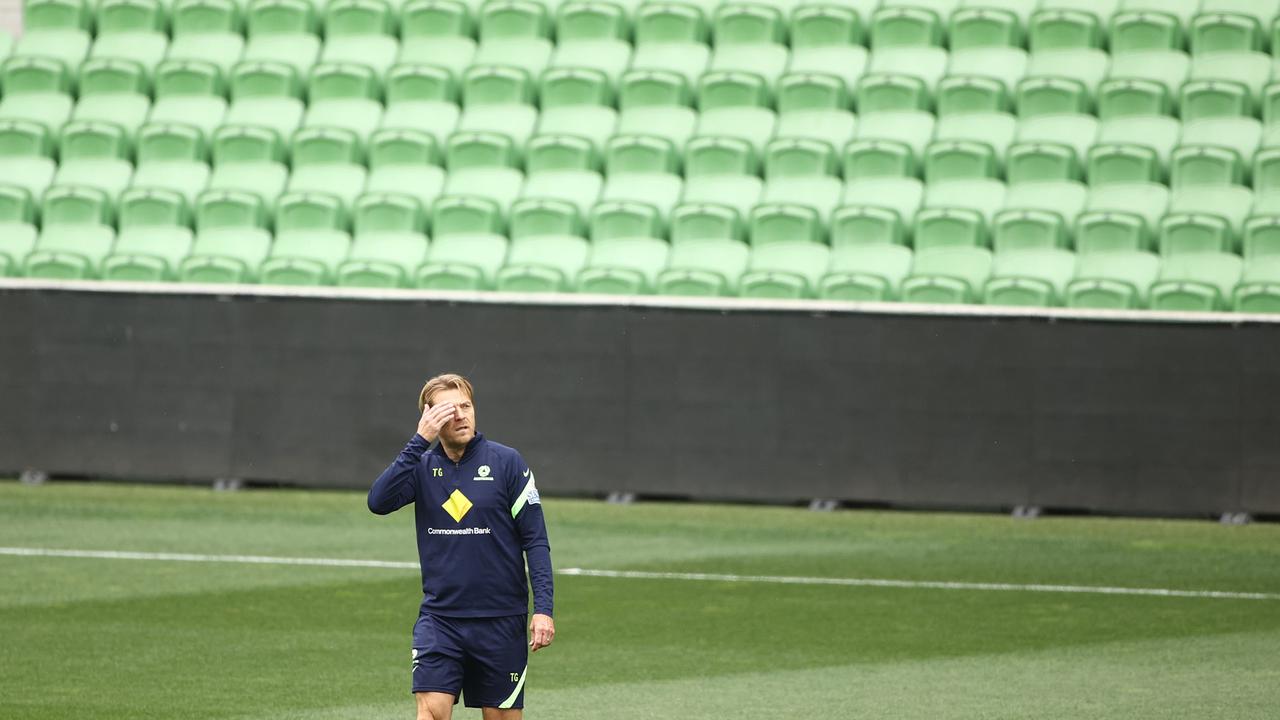 Matildas coach Tony Gustavsson keeps an eye on training ahead of Australia’s clash with Sweden. Picture: Robert Cianflone/Getty Images