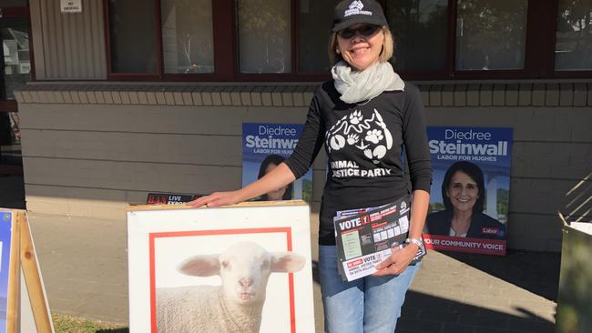 Animal Justice Party candidate Gae Constable at Wattle Grove Community Centre on election day.