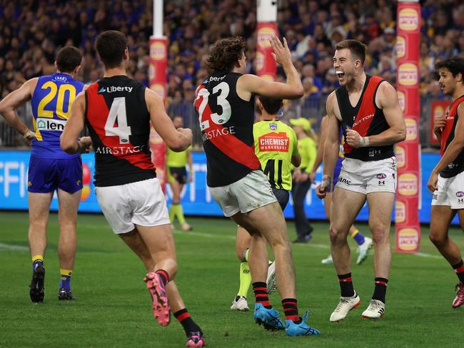 Zach Merrett celebrates one of his three goals against the Eagles. Picture: Will Russell/AFL Photos