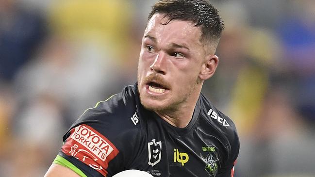 TOWNSVILLE, AUSTRALIA - APRIL 24:  Tom Starling of the Raiders makes a break during the round seven NRL match between the North Queensland Cowboys and the Canberra Raiders at QCB Stadium, on April 24, 2021, in Townsville, Australia. (Photo by Ian Hitchcock/Getty Images)