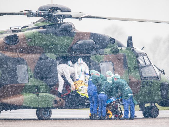 A French military helicopter delivers coronavirus patients for treatment in Muehlheim, Germany. Picture: Getty Images