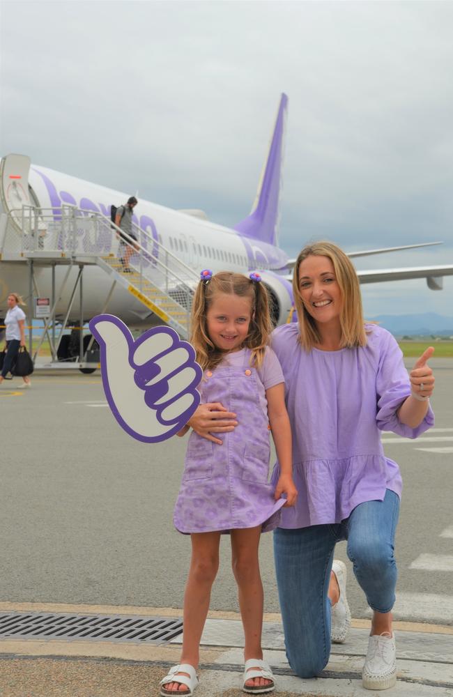 Bonza's first Sunshine Coast-Townsville flight: passengers Elle (5) and Myf Morton. Elle liked the fact the planes all have names. This one is called 'Sheila'.