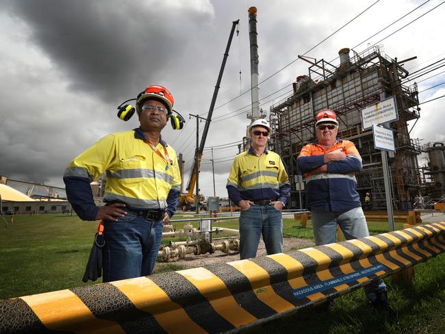 18/10/2018: Incitec Pivot workers (L-R) Biplab Halder, Steve McGuire and Michel workers inside Incitec Pivot's Gibson Island ammonia plant, Murarrie, Brisbane .The plant can't find any gas supplies for 2020-21 which may force the facility to shut down. Lyndon Mechielsen/The Australian