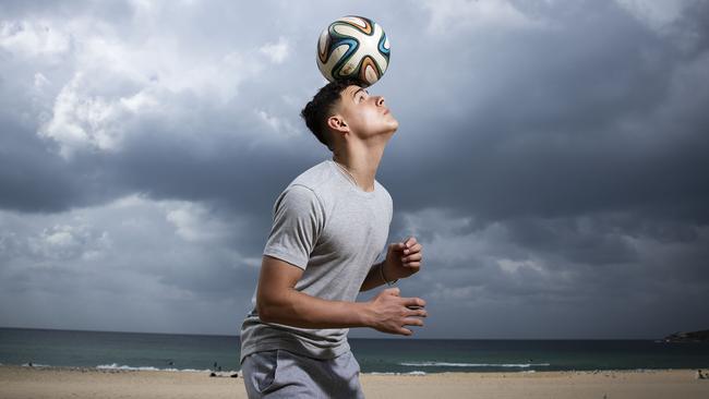 Alex Robertson, pictured at Maroubra Beach in Sydney, plays his football at EPL side Manchester City. Picture: John Feder