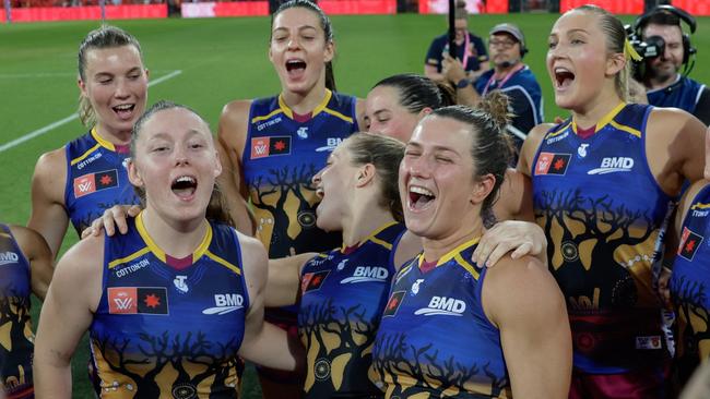 Brisbane sing the song after the win. Picture: Getty Images