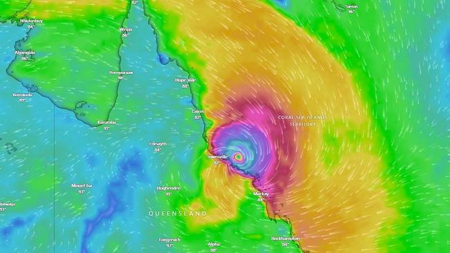 Tropical Cyclone Kirrily crosses coast near Townsville as a category 2 system late on Thursday. Picture: Weatherzone.