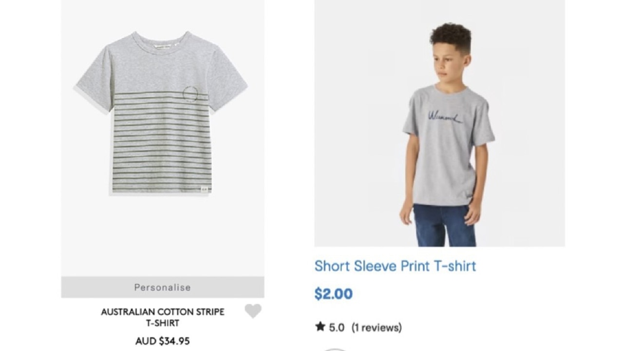 The Kmart T-shirt (left) may not last as long but you can buy 17 of them for less than Country Road one (right).