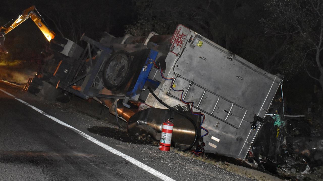Warrego Highway Austrans waste truck rollover. Pictures: Peta McEachern