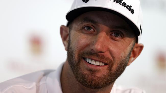 Dustin Johnson addresses the media at a press conference during the Pro-Am for the Wells Fargo Championship.