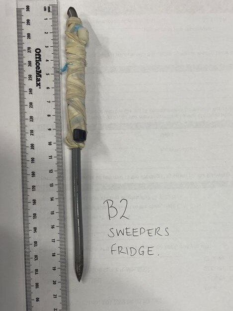 A jail-made knife hidden behind a fridge at Shortland Correctional Centre. Picture: Supplied