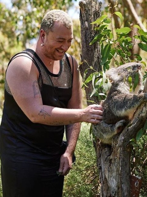 British singer/songwriter Sam Smith pictured with a koala at Cleland Wildlife Park in the Adelaide Hills. Picture: Instagram