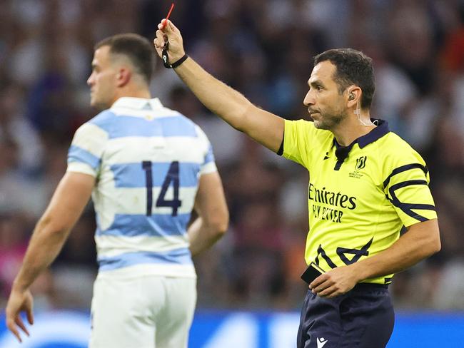 Tom Curry of England (not pictured) is shown a red card by referee Mathieu Raynal in the Rugby World Cup match against Argentina. Picture: David Rogers/Getty Images