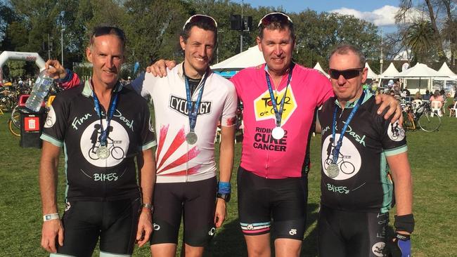 David Halliwell (second from right) has died after a horrific road accident on the weekend. He is mourned by cycling buddies Trevor Dempsey, Nick Coull and Brett Lynam.