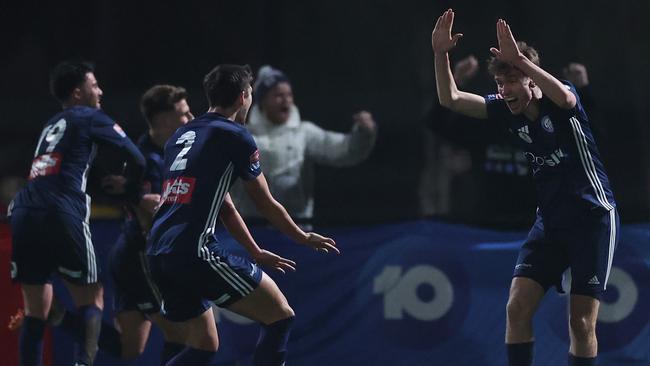 Oakleigh celebrates Kingsley Sinclair’s opening goal. Picture: Daniel Pockett