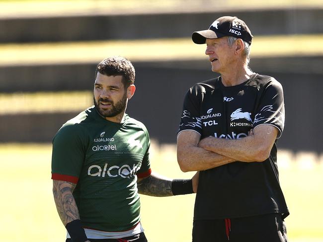 Coach Wayne Bennett with Adam Reynolds during the South Sydney Rabbitohs training session ahead of the do or die final against the Knights. Bennett is expected to be announced as this years State of Origin coach for Queensland. Picture. Phil Hillyard