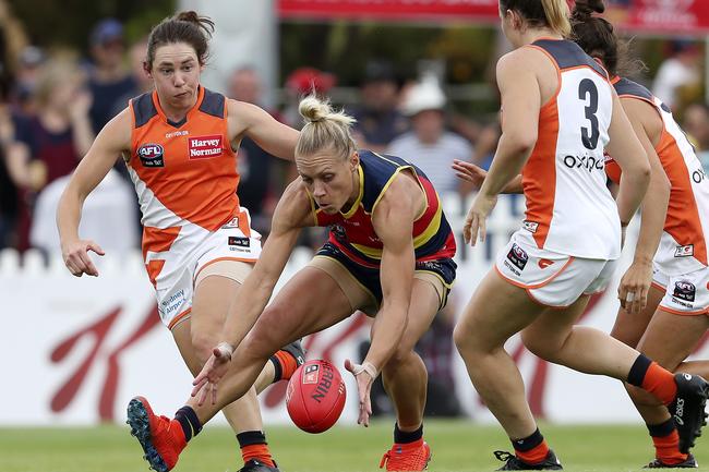 Adelaide superstar Erin Phillips under pressure against the Giants at Peter Motley Oval, Picture SARAH REED.