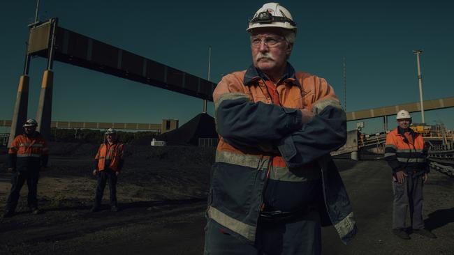 New Hope Coal employees Robby Sharp, left, Brent Stewart, Harry Redmond and Dale Sharp at the Port of Brisbane on Tuesday. Picture: Glenn Hunt