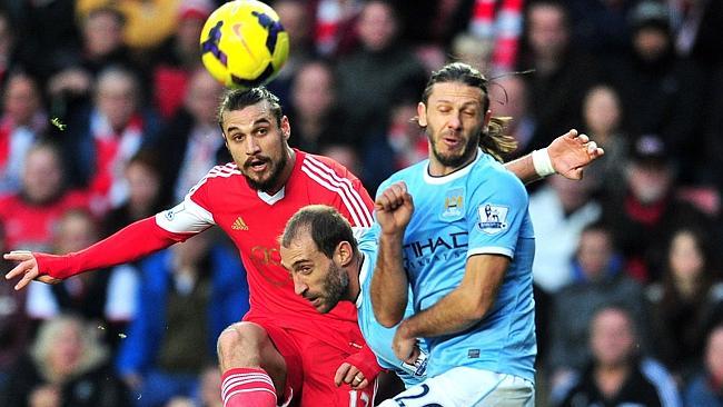 Southampton striker Dani Osvaldo gets past the City defence to score the equaliser.