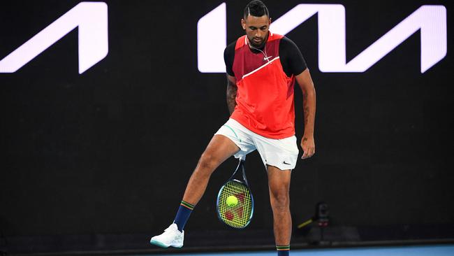 Australia's Nick Kyrgios put on a show for the crowd at John Cain Arena. Picture: William West / AFP