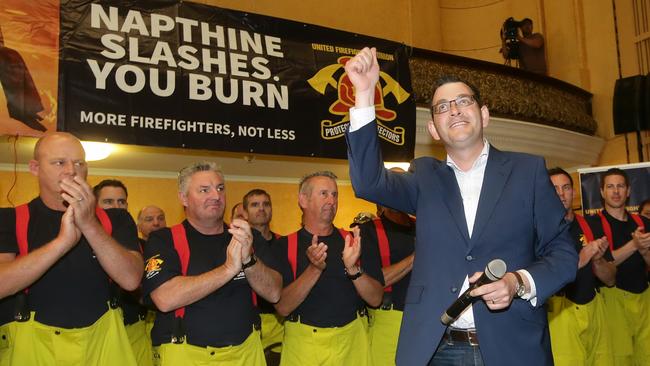 Daniel Andrews campaigns with firefighters in 2014. Picture: Hamish Blair