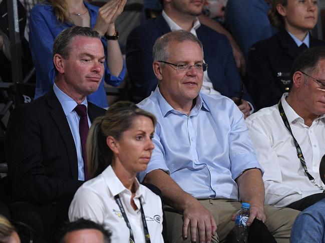 Australian Prime Minister Scott Morrison and Defence Minister Christopher Pyne (left) are seen in the crowd during the Wheelchair Basketball Final at the Invictus Games in Sydney, Australia, Saturday, October 27, 2018. The Sydney Invictus Games. Picture: AAP