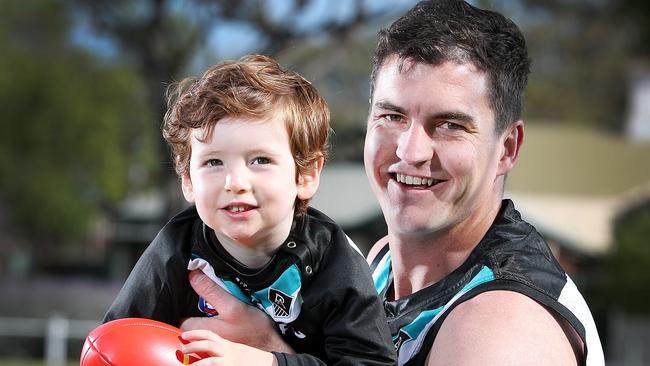 Tom Rockliff with his three-year-old son, Jack, ahead of his first AFL final this Thursday. Picture: Sarah Reed