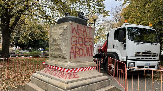 Vandals cut down the controversial William Crowther statue overnight in Hobart's Franklin Square. Picture: Nikki Davis-Jones