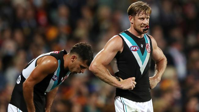 Tom Jonas reacts to Port Adelaide’s shock loss to Adelaide. Picture: Getty Images