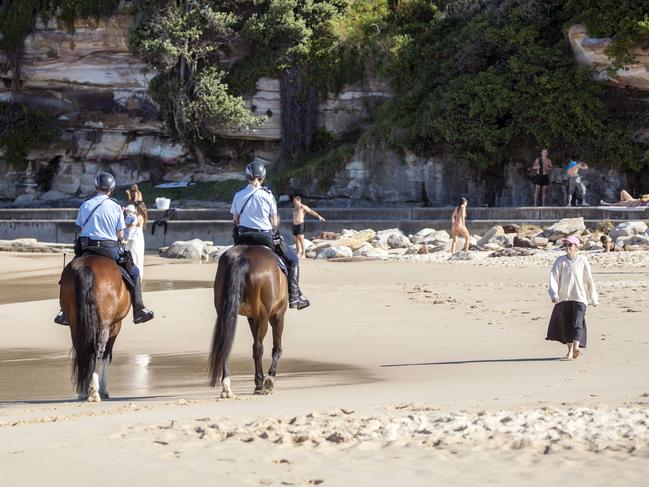 NSW Mounted Police patrol Bondi Beach yesterday. Picture: Liam Mendes