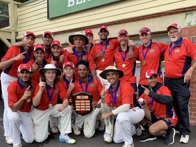 Jonathan D'Rozario (front row, second from the right in white hat) with his Southern Pioneers teammates after winning a Cricket Victoria Pathways program tournament.