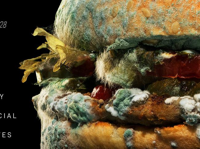 This undated image provided by Burger King shows an advertising campaign image with the Whopper hamburger. The burger chain is showing its Whopper covered in mold in print and TV ads running in Europe and the U.S. The message: Burger King is removing artificial preservatives from the Whopper. (Burger King via AP)