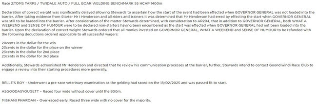 The stewards' report from the race start bungle at Goondiwindi.