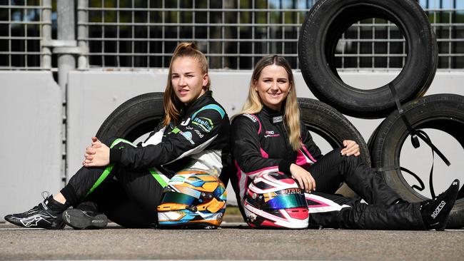 Elly Morrow (left) with fellow driver Maddi Dunston ahead of the 2022 Townsville 500. Picture: Shae Beplate