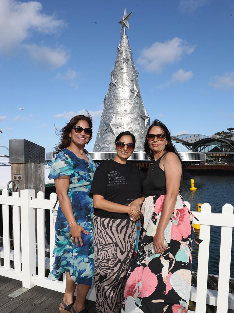 Sonia Singh, Parminder Gosal and Amrit Walia. Locals and visitors arrived early to get a good spot for the Geelong New Years Eve celebrations. Picture: Alan Barber