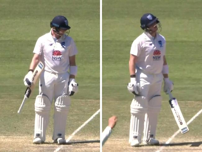 Steve Smith stares daggers at the deck. Photo: Fox sports.