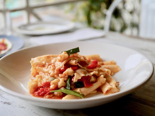 Capriccio Osteria’s maltagliati with QLD banana prawns, green shallot and roasted red pepper. Picture: Jenifer Jagielski