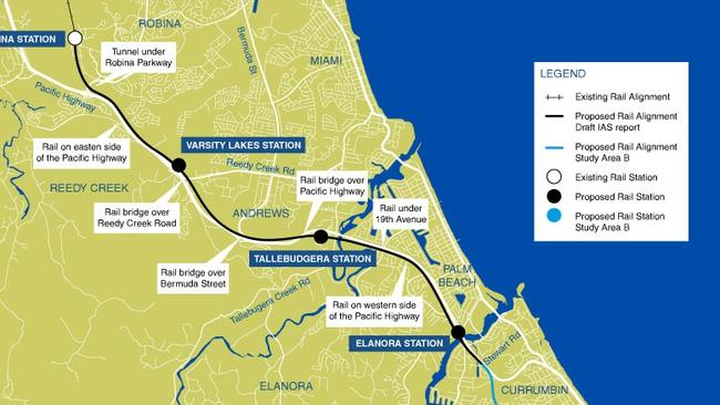 Map of the planned extension of the Gold Coast heavy rail to Gold Coast Airport