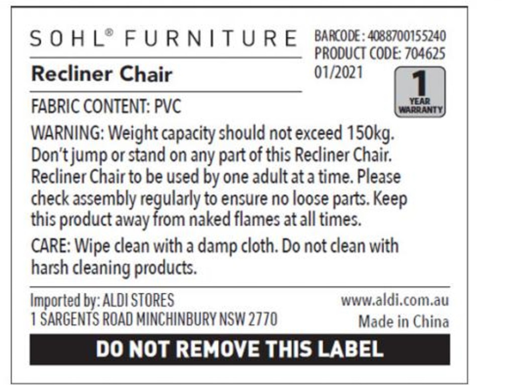 The product information for SOHL FURNITURE’s Recliner Chair, sold at Aldi.