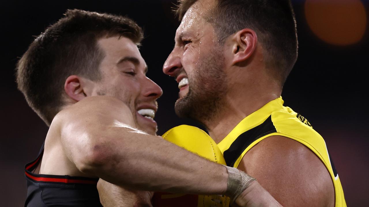 Zach Merrett and Toby Nankervis go head-to-head. Picture: Darrian Traynor/Getty Images