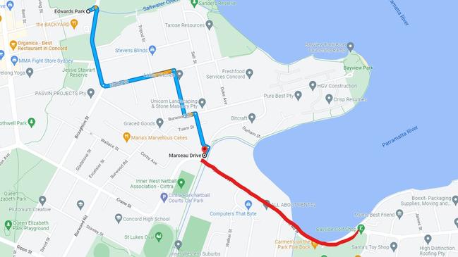 A Google Map screenshot of a possible route through Marceau Dr to Crane St, if it was reopened to traffic. Picture: Google Maps