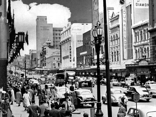 Bustling Bourke Street in 1954. Picture: HWT Library.