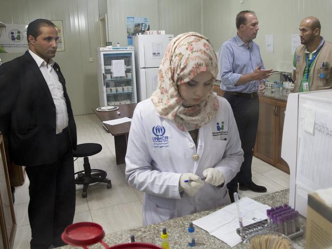 Health first ... Peter Dutton visits the lab at the JHAS Health Clinic inside the Za’atari camp. Picture: Ella Pellegrini