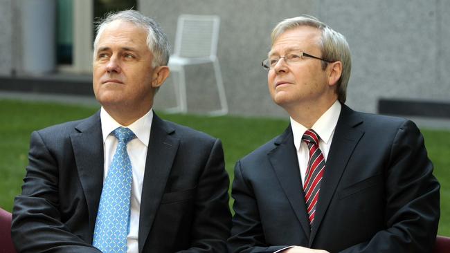 Then opposition frontbencher Malcolm Turnbull with then prime minister Kevin Rudd in Parliament House in 2010. Picture: Ray Strange