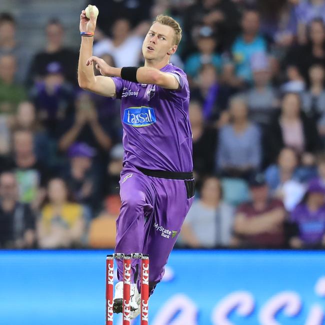 Riley Meredith lets rip BBL match between the Hobart Hurricanes and the Brisbane Heat at Blundstone Arena in Hobart, Friday, January 3, 2020. Picture: AAP/ROB BLAKERS